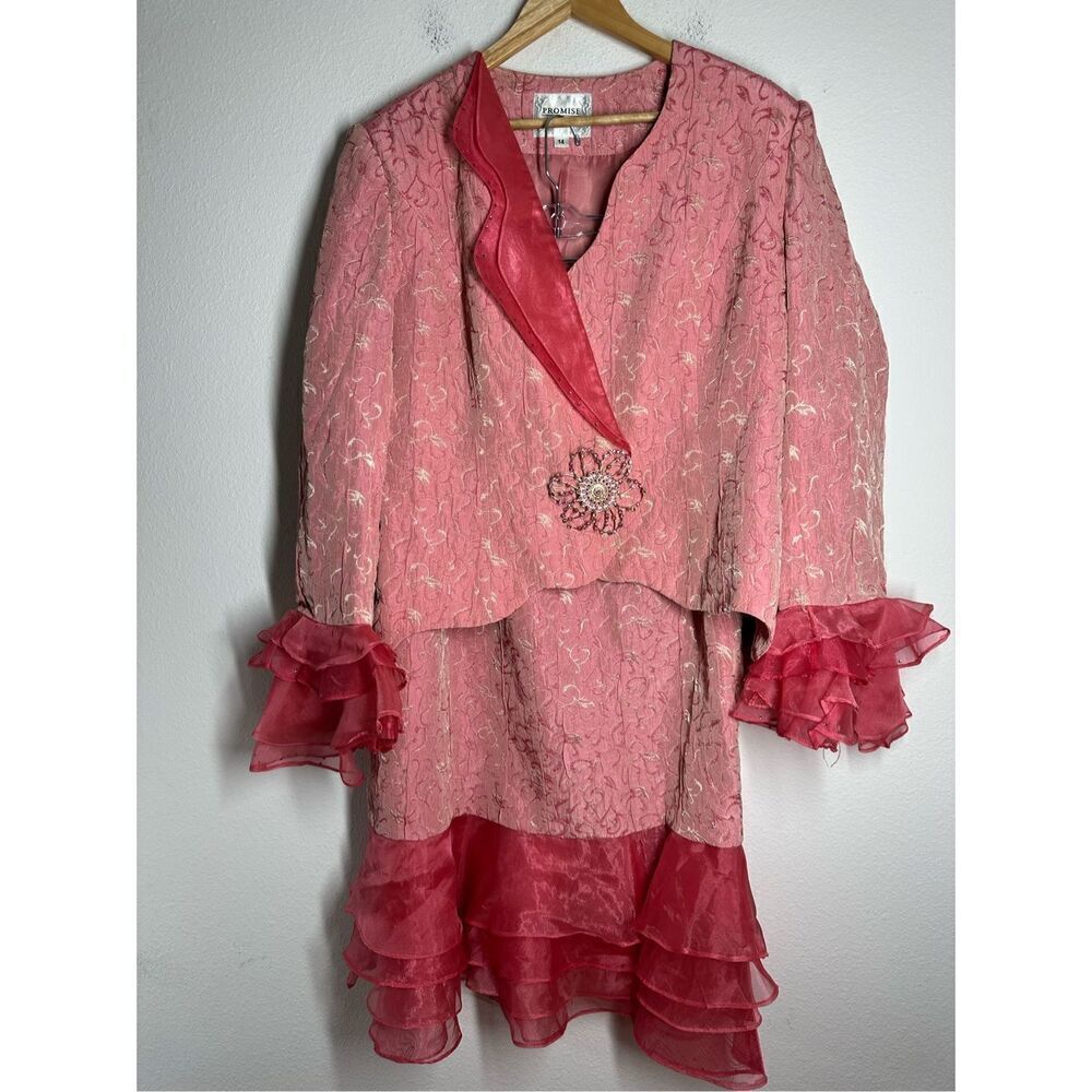 Promise New York 2 Piece Pink Red Skirt Suit Size 14 Ruffle Trim Tuxedo Tail